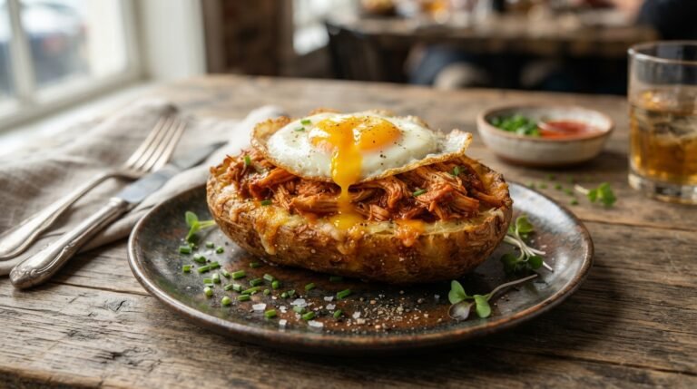 Crispy Baked Potato Cheese Bowls with Pulled Chicken and Fried Egg