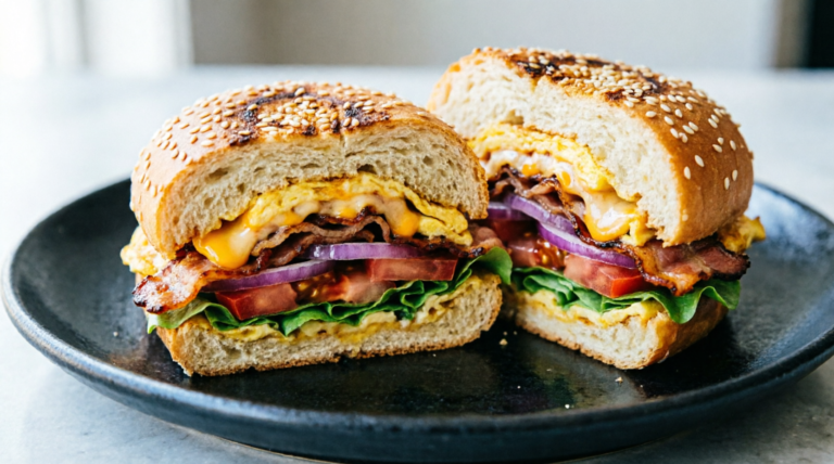 Cheesy Egg Wrap Burger Recipe with Bacon and Fresh Veggies