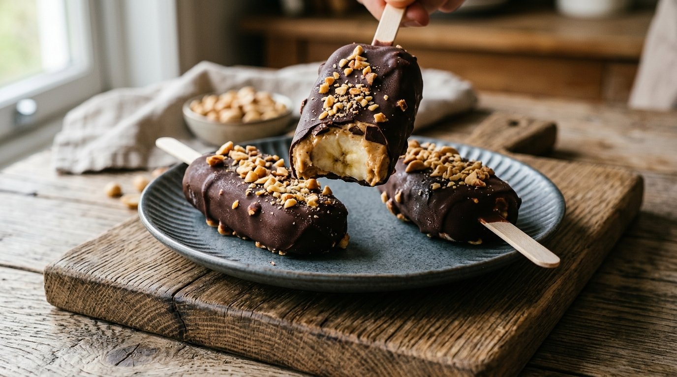 Chocolate coated peanut butter banana pops on a dark plate with a bite taken out of one.