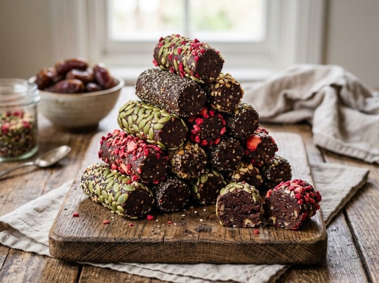Vegan Chocolate Date Energy Rolls With Crunchy Seed Coatings