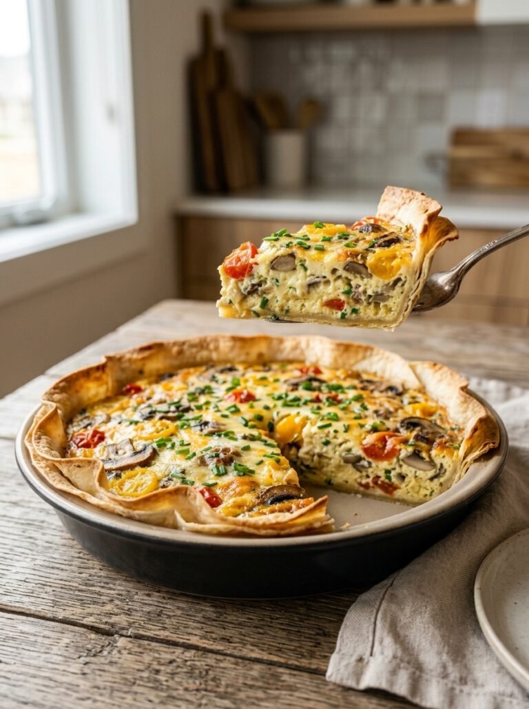 Easy Tortilla Quiche Recipe with Mushrooms & Tomatoes